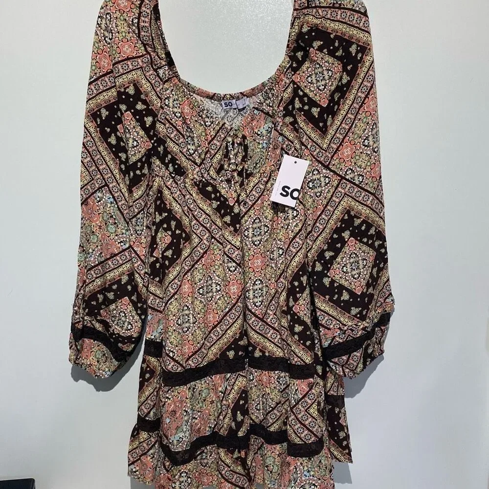 SO Women's Brown‎ Multi Lace Inset Tiered Long Sleeve Babydoll Dress Medium NWT